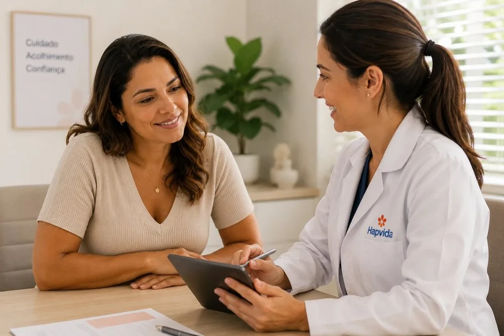 Cirurgiã plástica conversando com paciente durante consulta de avaliação