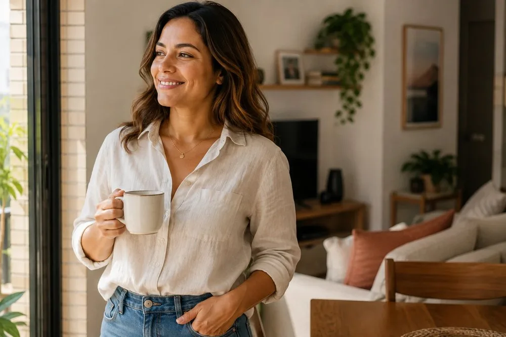 Mulher sorrindo em casa, à vontade e em paz com sua decisão