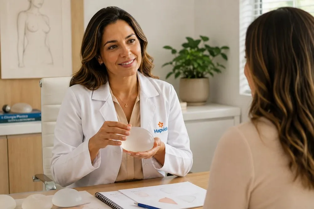 Cirurgiã plástica mostra um implante de silicone durante consulta de avaliação com a paciente